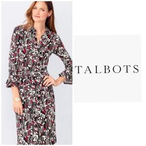 Talbots Patterned Midi Shirt Dress with Red Highlights and Belt